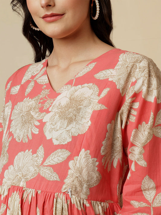 Peach Floral Printed Maternity Dress fro Women | LASVINI - Redefining Indian Fashion with Elegance