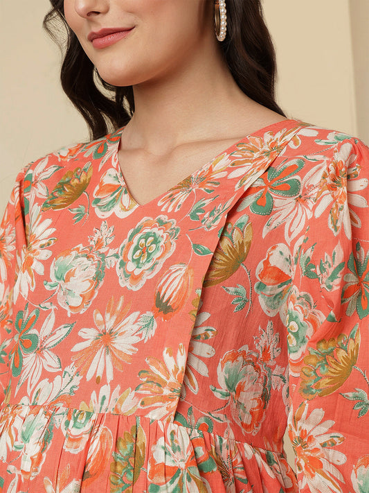Peach Floral Printed Maternity Dress fro Women | LASVINI - Redefining Indian Fashion with Elegance