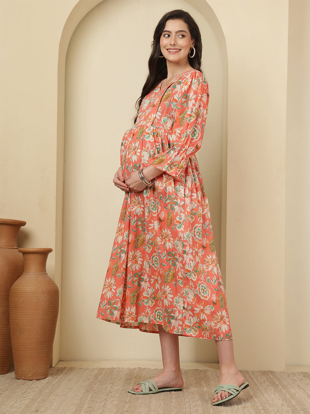 Peach Floral Printed Maternity Dress fro Women | LASVINI - Redefining Indian Fashion with Elegance