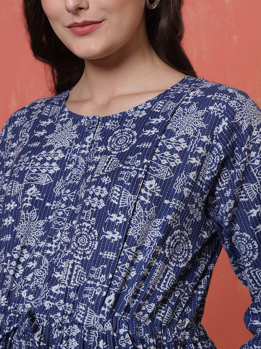 Blue Printed Maternity Dress fro Women | LASVINI - Redefining Indian Fashion with Elegance