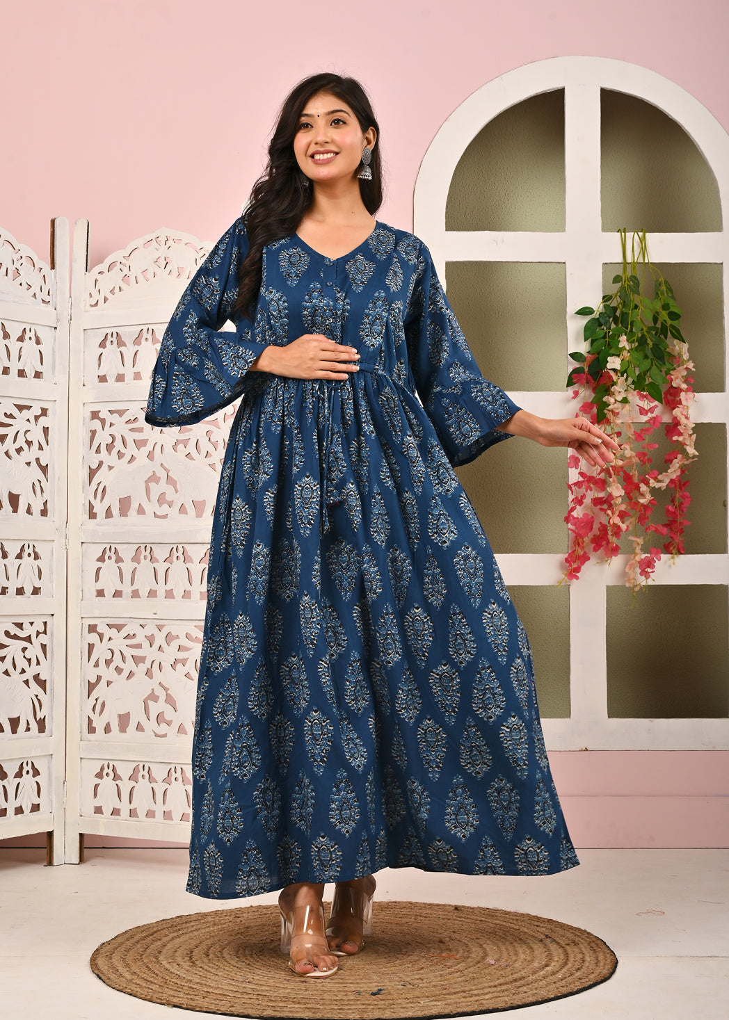 Blue Printed Maternity Dress fro Women | LASVINI - Redefining Indian Fashion with Elegance