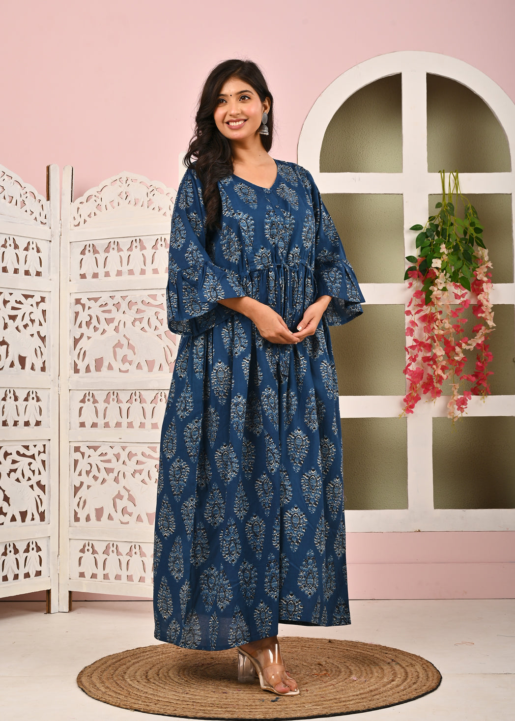 Blue Printed Maternity Dress fro Women | LASVINI - Redefining Indian Fashion with Elegance