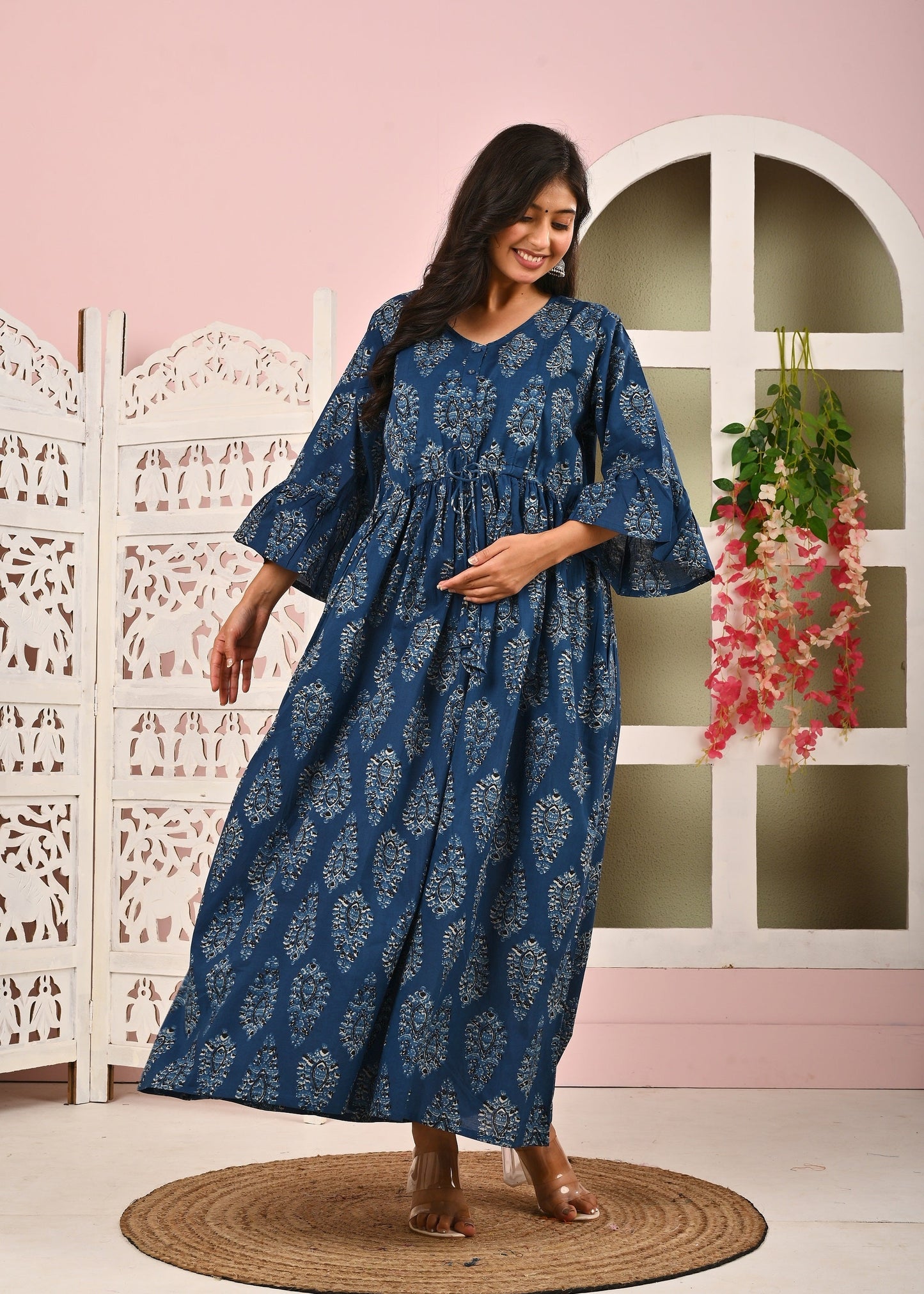 Blue Printed Maternity Dress fro Women | LASVINI - Redefining Indian Fashion with Elegance