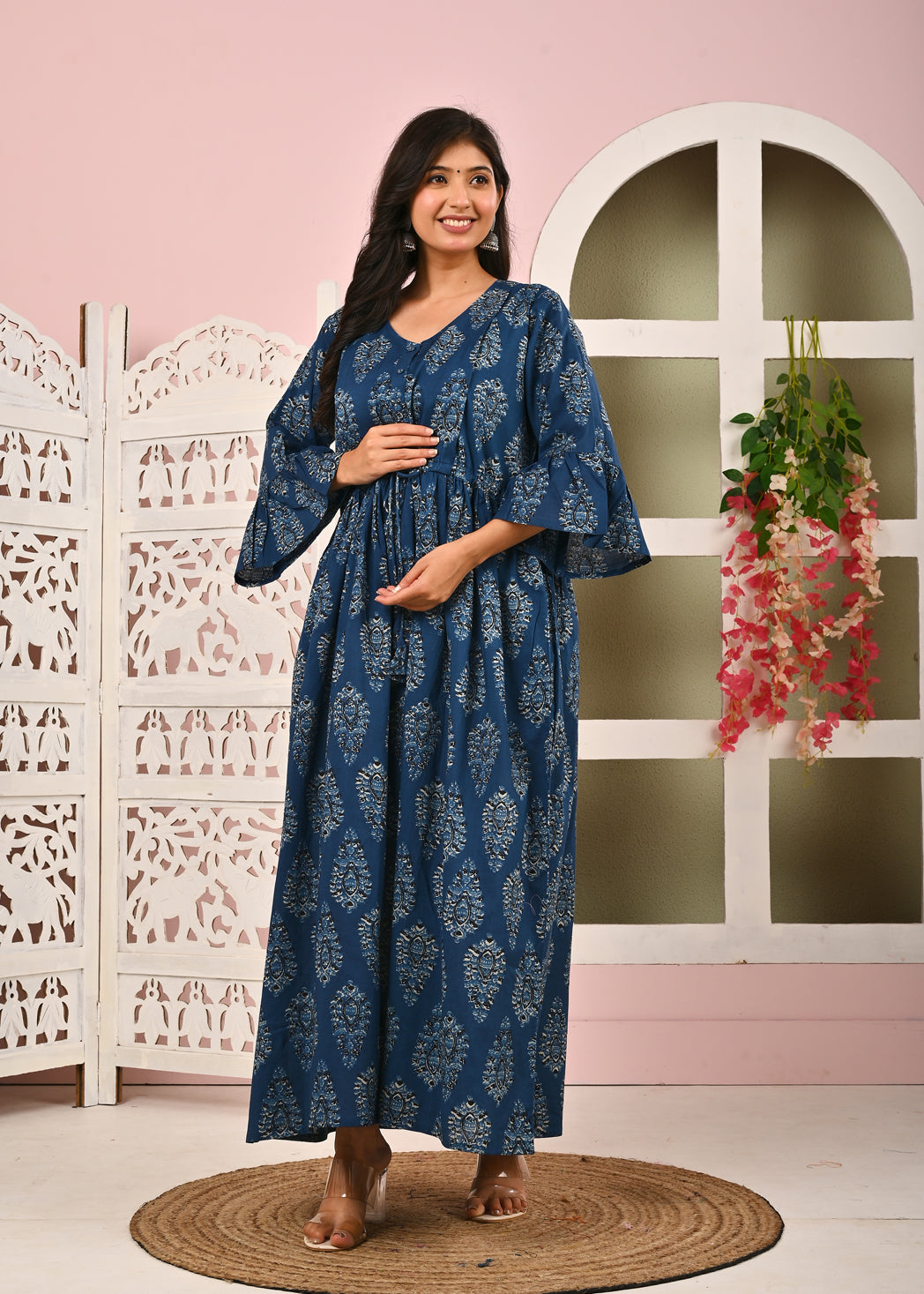 Blue Printed Maternity Dress fro Women | LASVINI - Redefining Indian Fashion with Elegance