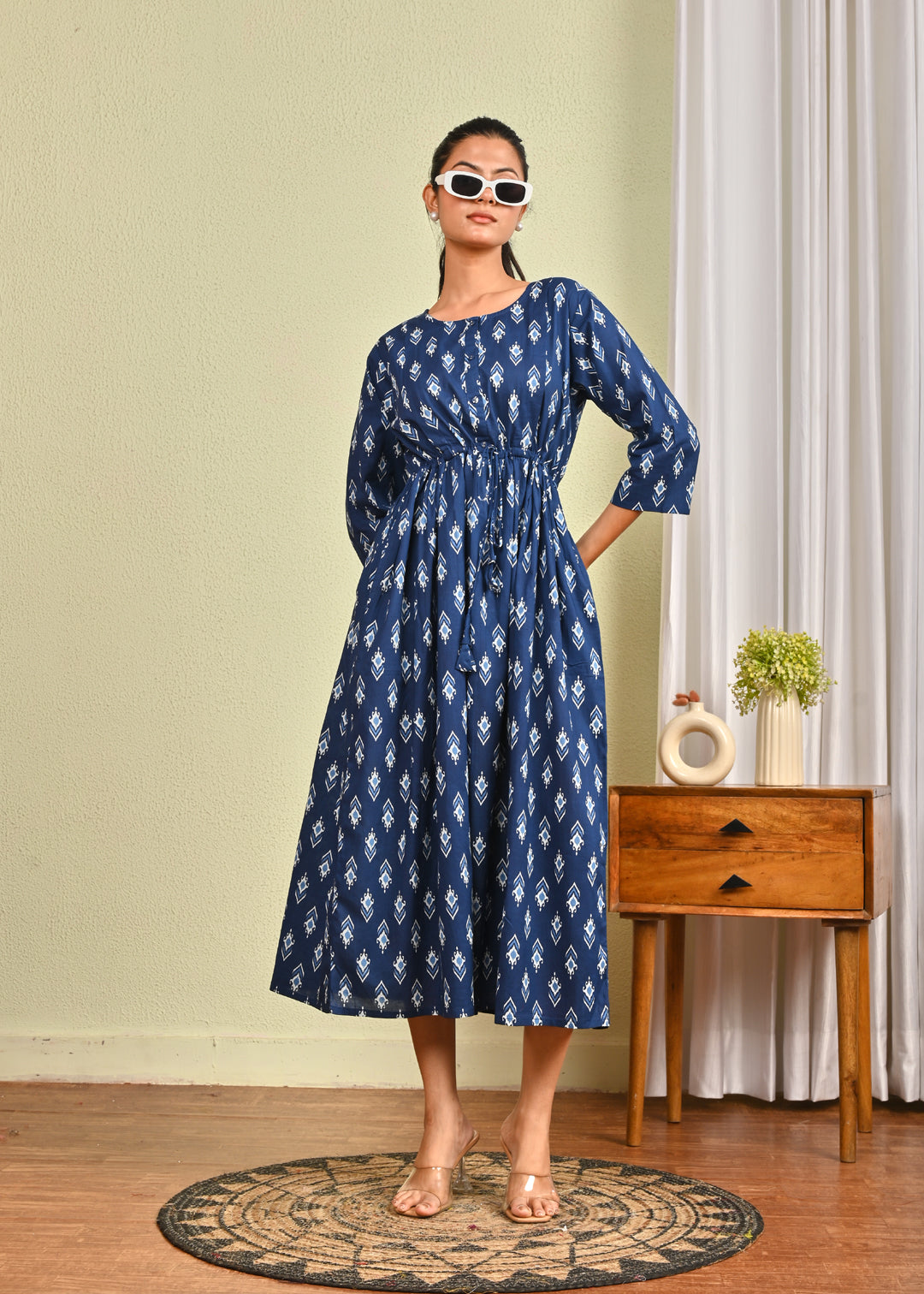 Women Blue Printed Flared Dress | LASVINI - Redefining Indian Fashion with Elegance