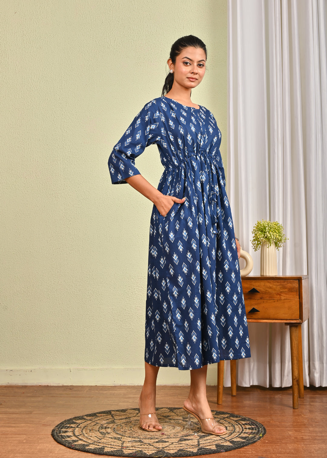 Women Blue Printed Flared Dress | LASVINI - Redefining Indian Fashion with Elegance