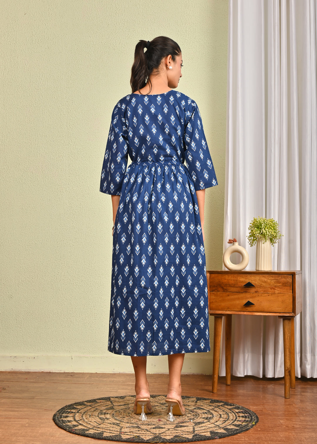 Women Blue Printed Flared Dress | LASVINI - Redefining Indian Fashion with Elegance