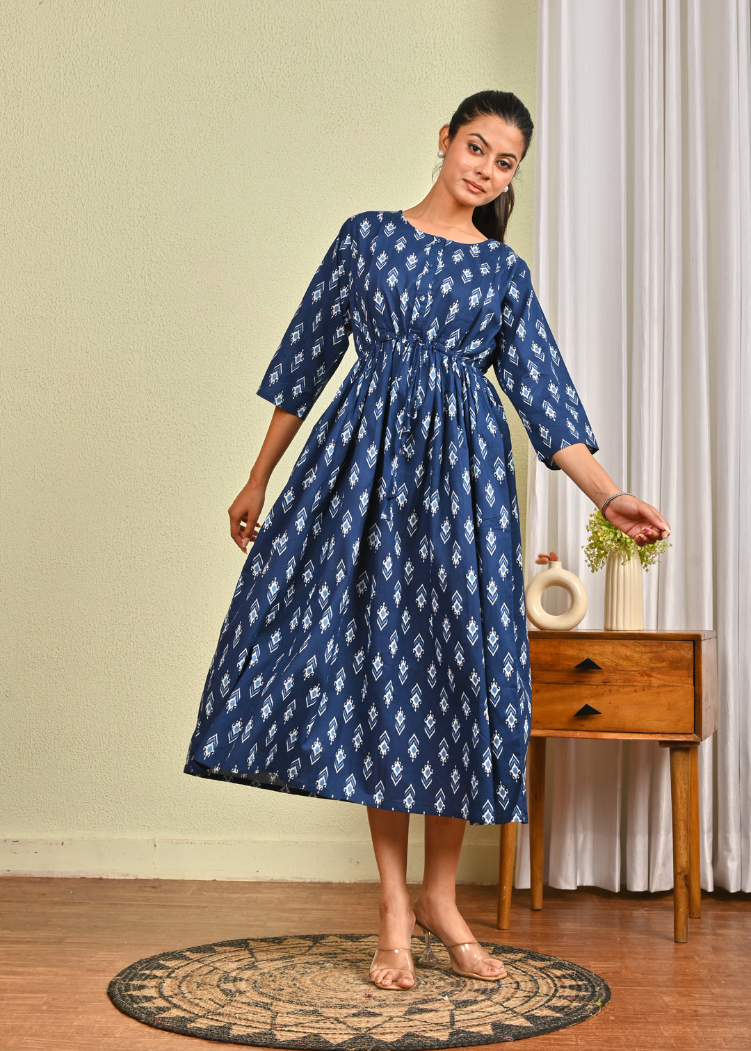 Women Blue Printed Flared Dress | LASVINI - Redefining Indian Fashion with Elegance