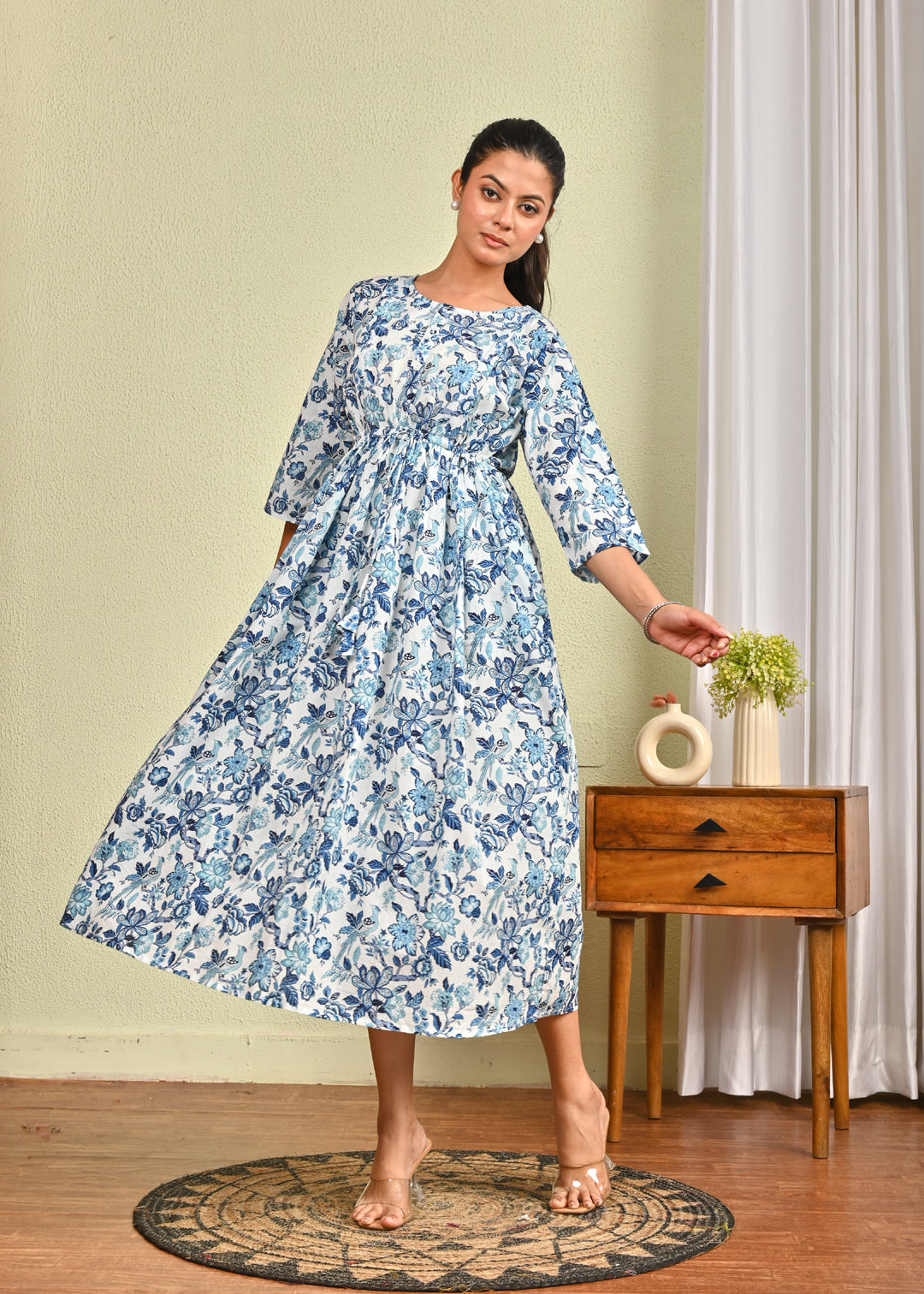 Women Off White & Blue Floral Printed Dress | LASVINI - Redefining Indian Fashion with Elegance