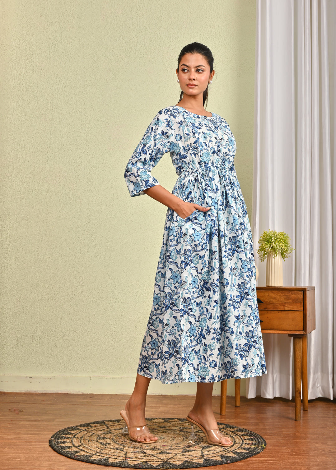 Women Off White & Blue Floral Printed Dress | LASVINI - Redefining Indian Fashion with Elegance