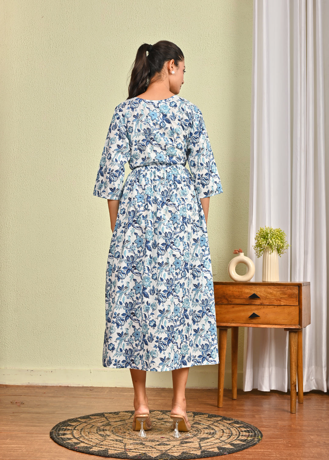 Women Off White & Blue Floral Printed Dress | LASVINI - Redefining Indian Fashion with Elegance