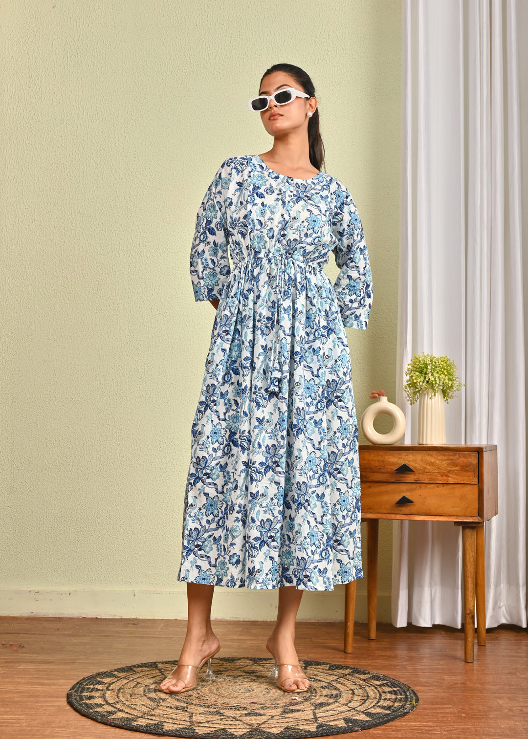 Women Off White & Blue Floral Printed Dress | LASVINI - Redefining Indian Fashion with Elegance