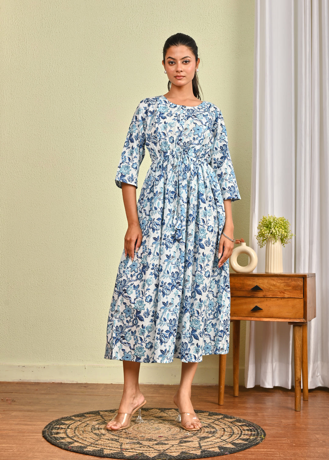 Women Off White & Blue Floral Printed Dress | LASVINI - Redefining Indian Fashion with Elegance