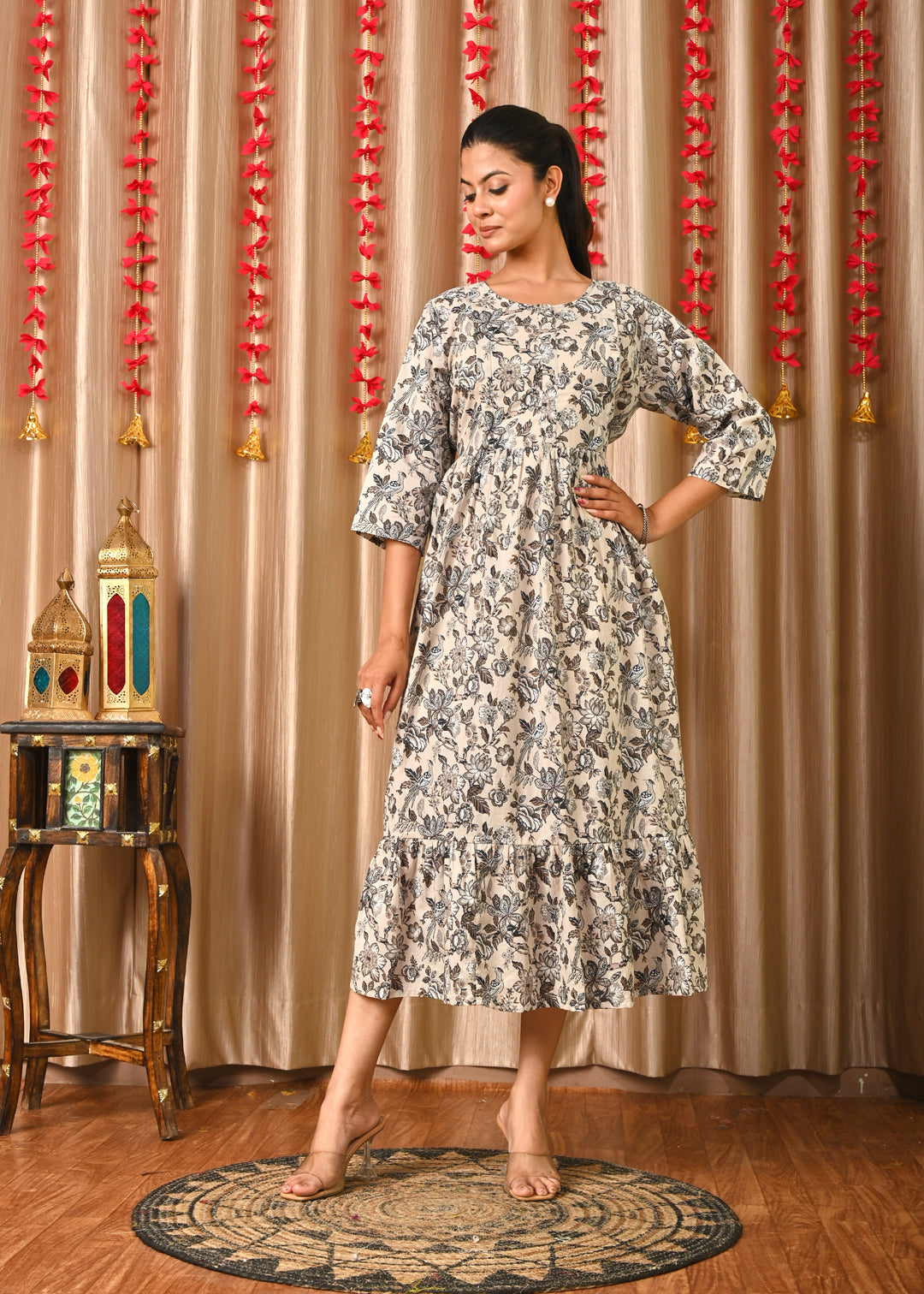 Women Grey Printed Flared Dress | LASVINI - Redefining Indian Fashion with Elegance