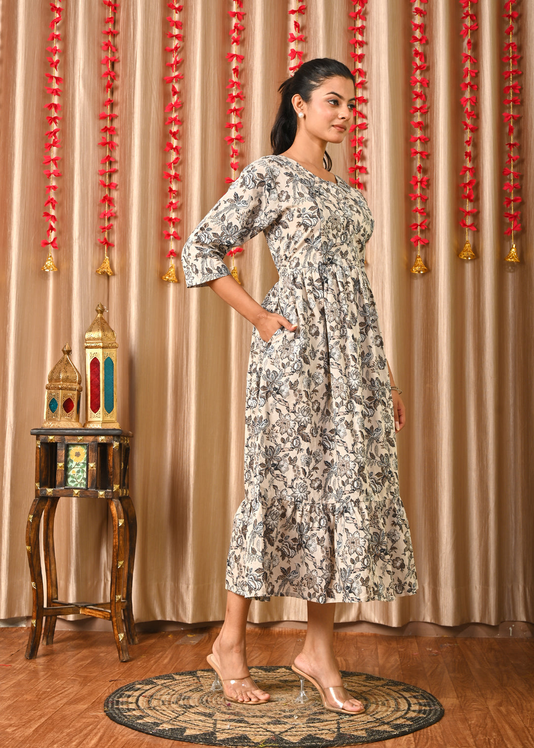 Women Grey Printed Flared Dress | LASVINI - Redefining Indian Fashion with Elegance