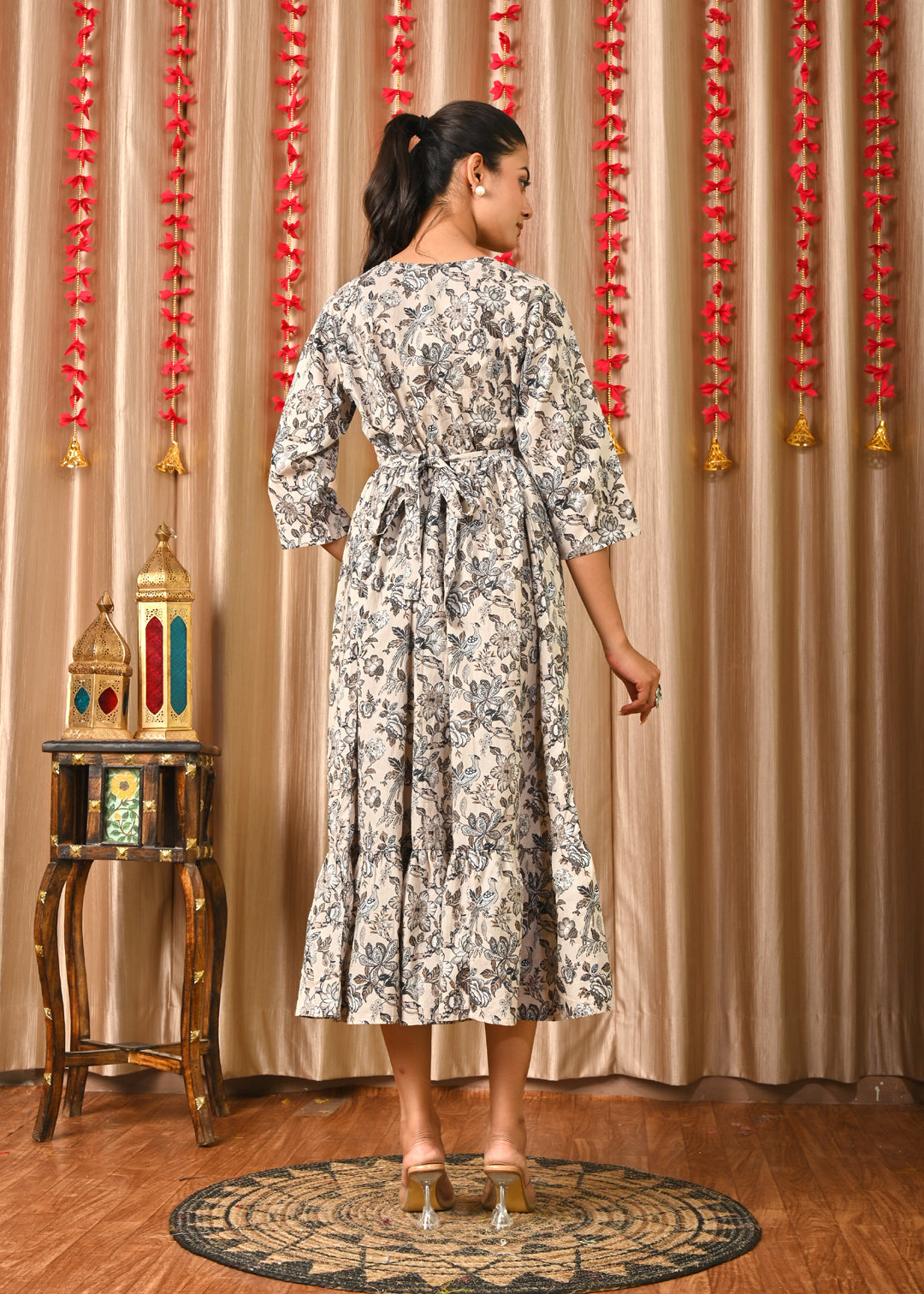 Women Grey Printed Flared Dress | LASVINI - Redefining Indian Fashion with Elegance