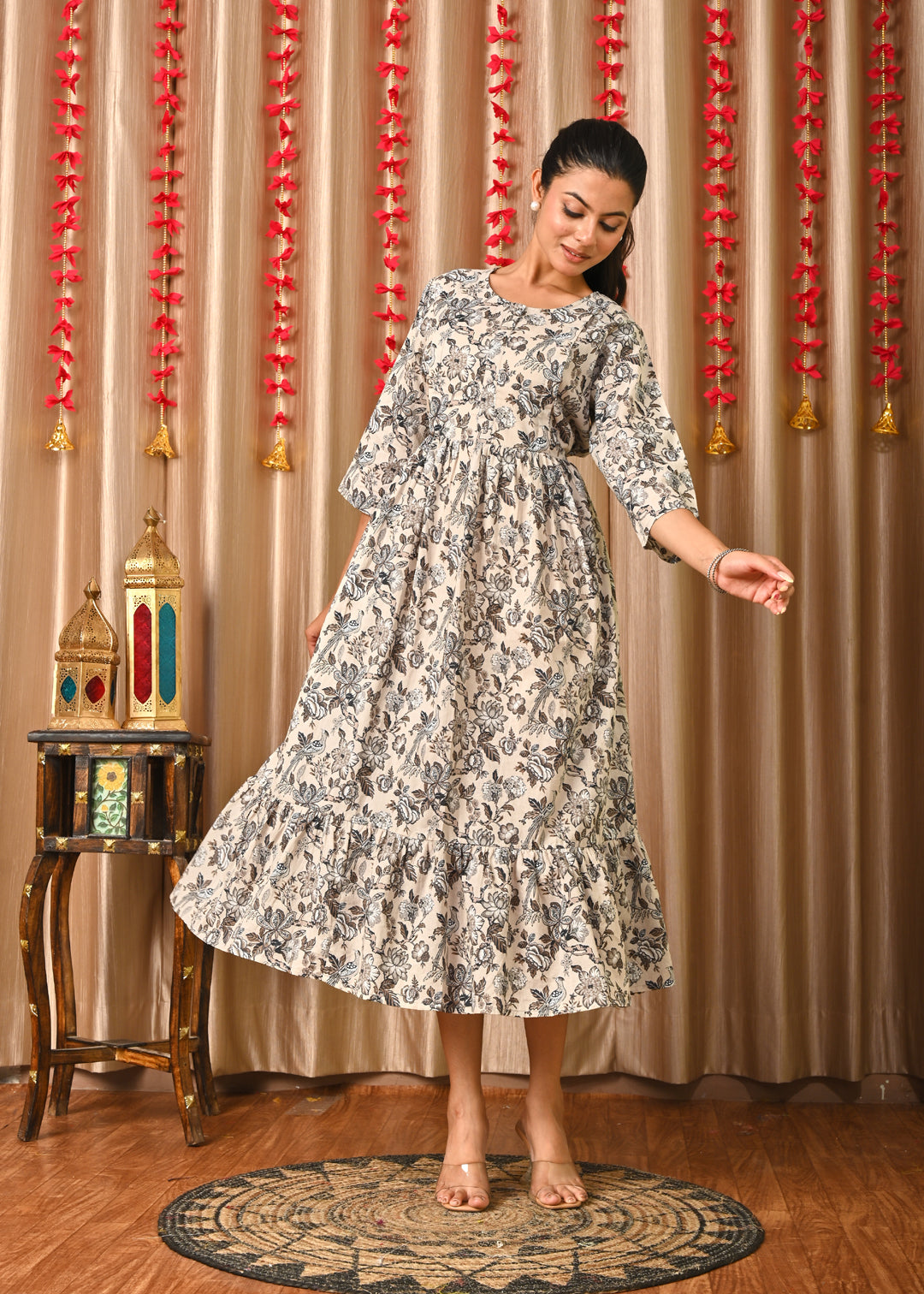 Women Grey Printed Flared Dress | LASVINI - Redefining Indian Fashion with Elegance