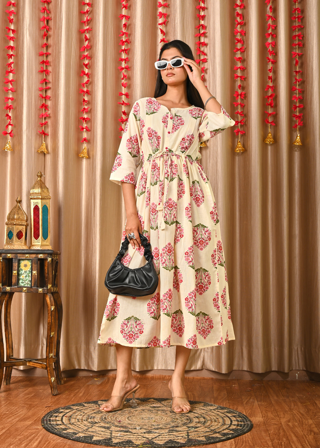 Women Off White & Blue Floral Printed Dress With Three Quarter Sleeves | LASVINI - Redefining Indian Fashion with Elegance