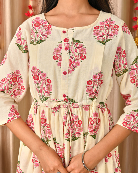 Women Off White & Blue Floral Printed Dress With Three Quarter Sleeves | LASVINI - Redefining Indian Fashion with Elegance