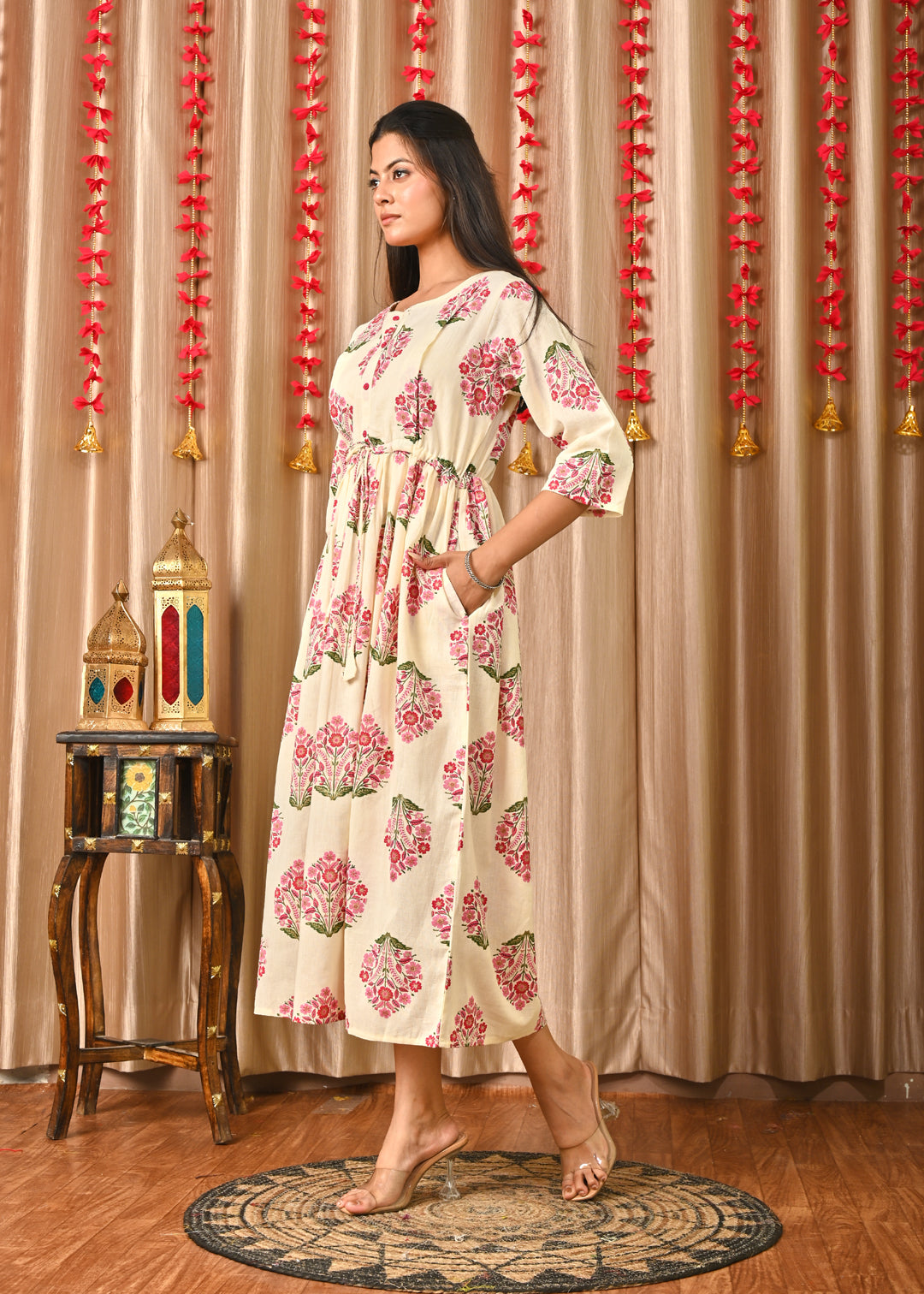 Women Off White & Blue Floral Printed Dress With Three Quarter Sleeves | LASVINI - Redefining Indian Fashion with Elegance