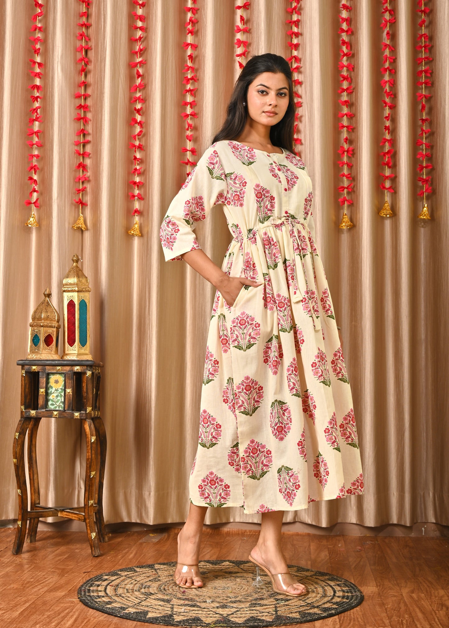 Women Off White & Blue Floral Printed Dress With Three Quarter Sleeves | LASVINI - Redefining Indian Fashion with Elegance