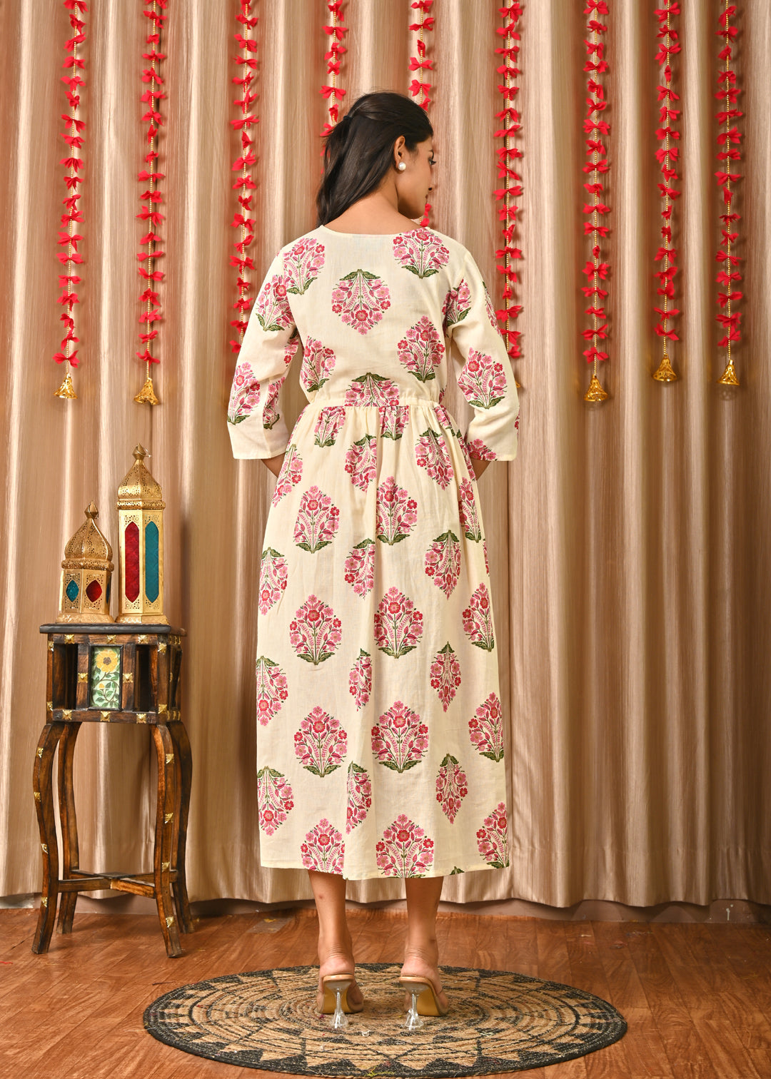 Women Off White & Blue Floral Printed Dress With Three Quarter Sleeves | LASVINI - Redefining Indian Fashion with Elegance