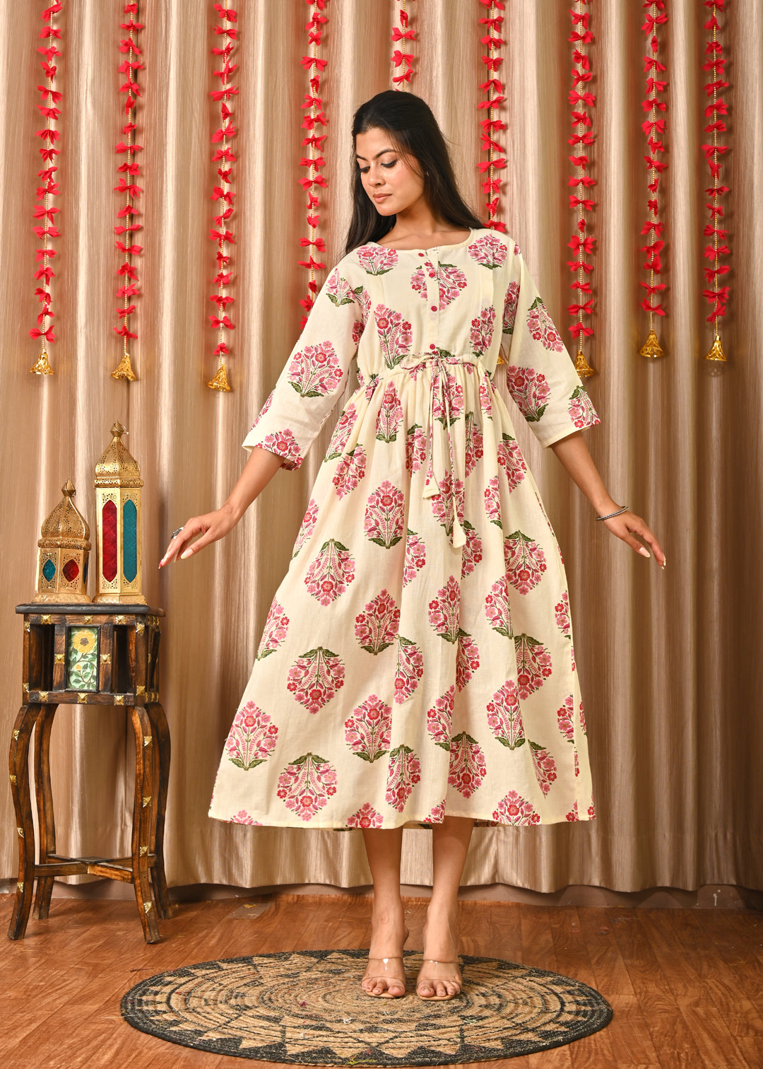 Women Off White & Blue Floral Printed Dress With Three Quarter Sleeves | LASVINI - Redefining Indian Fashion with Elegance