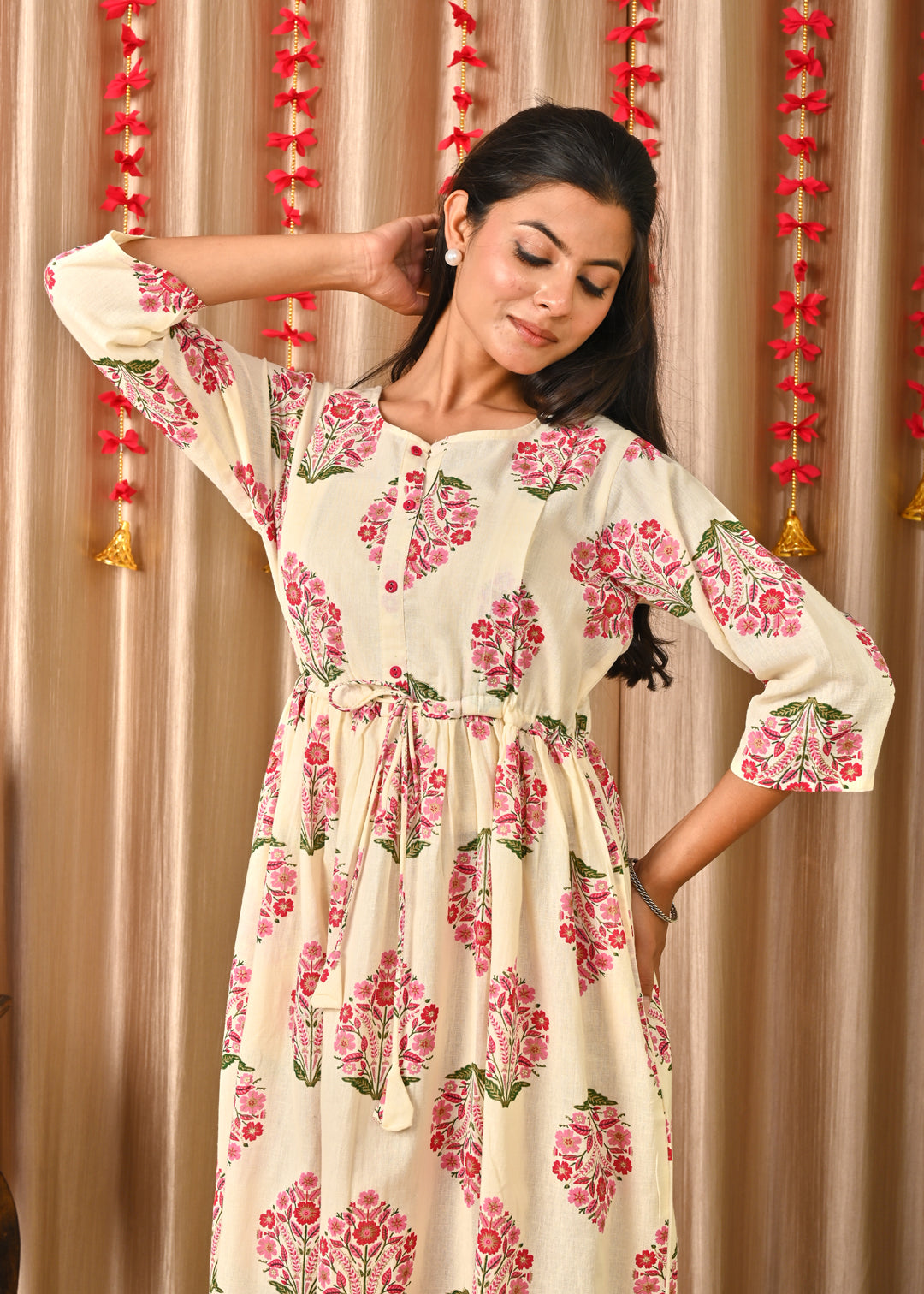Women Off White & Blue Floral Printed Dress With Three Quarter Sleeves | LASVINI - Redefining Indian Fashion with Elegance