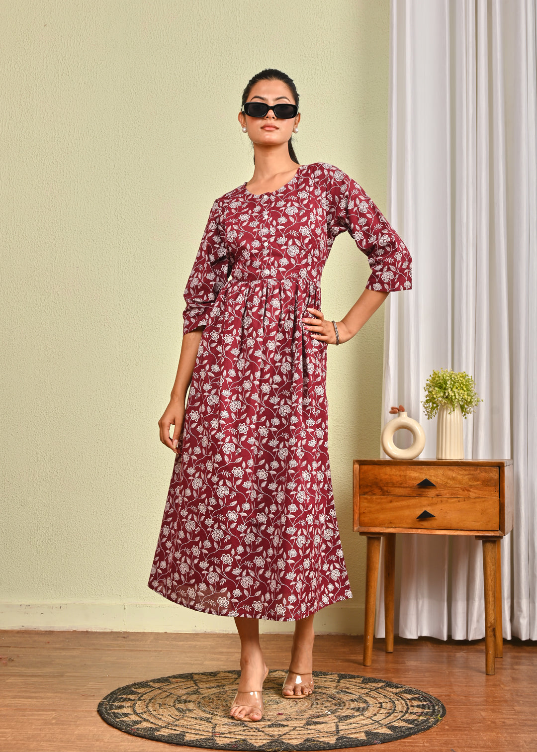 Women Burgundy Printed Flared Dress | LASVINI - Redefining Indian Fashion with Elegance
