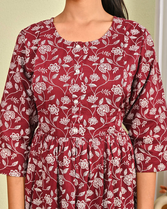 Women Burgundy Printed Flared Dress | LASVINI - Redefining Indian Fashion with Elegance