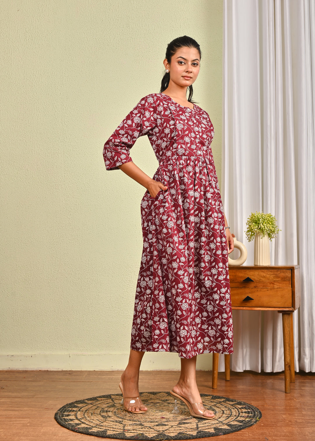 Women Burgundy Printed Flared Dress | LASVINI - Redefining Indian Fashion with Elegance