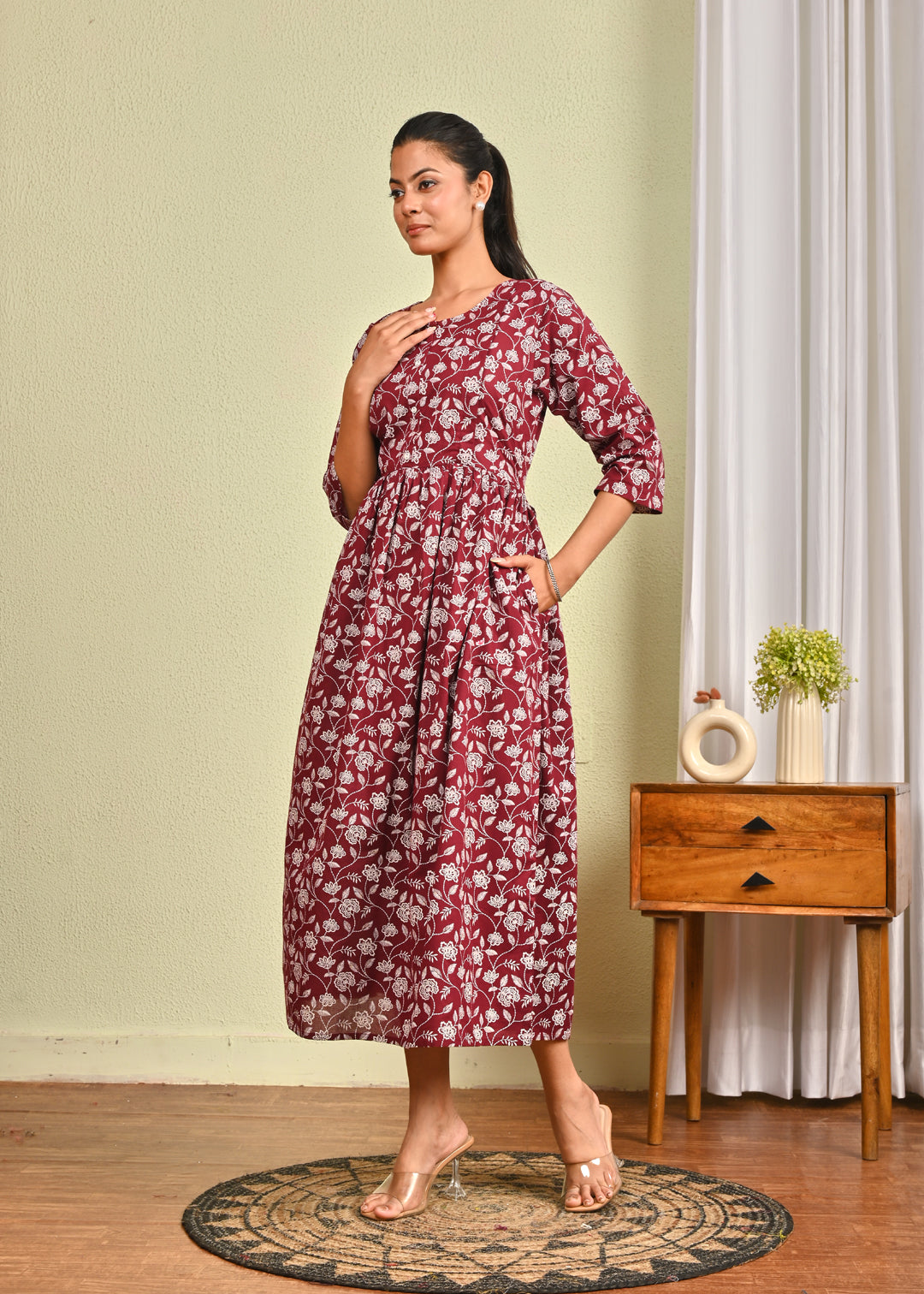 Women Burgundy Printed Flared Dress | LASVINI - Redefining Indian Fashion with Elegance