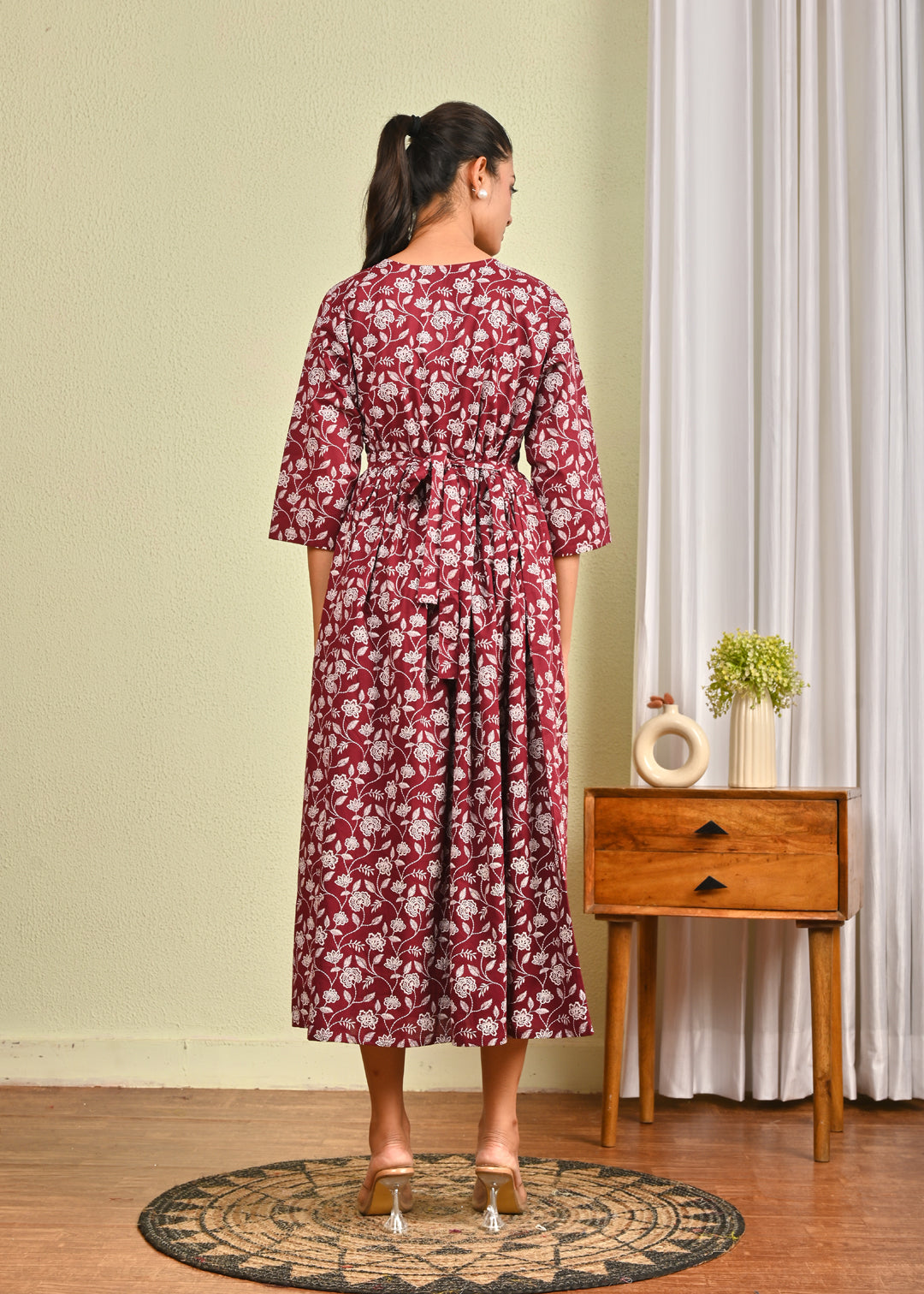 Women Burgundy Printed Flared Dress | LASVINI - Redefining Indian Fashion with Elegance