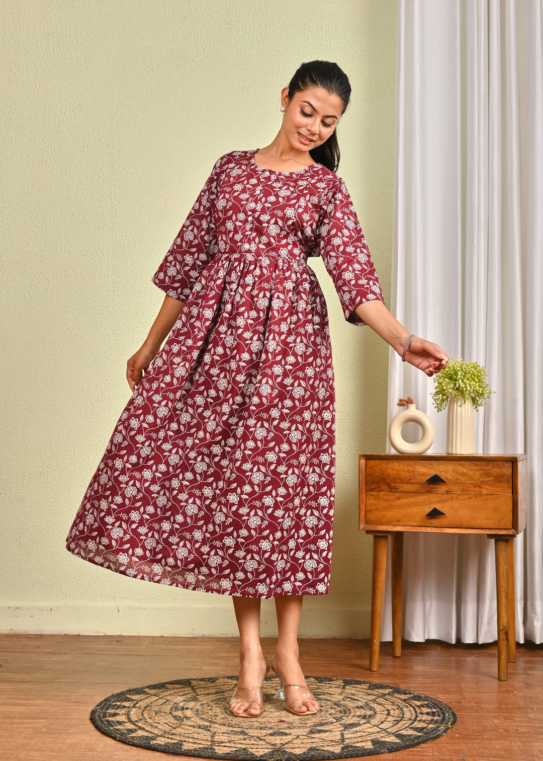 Women Burgundy Printed Flared Dress | LASVINI - Redefining Indian Fashion with Elegance