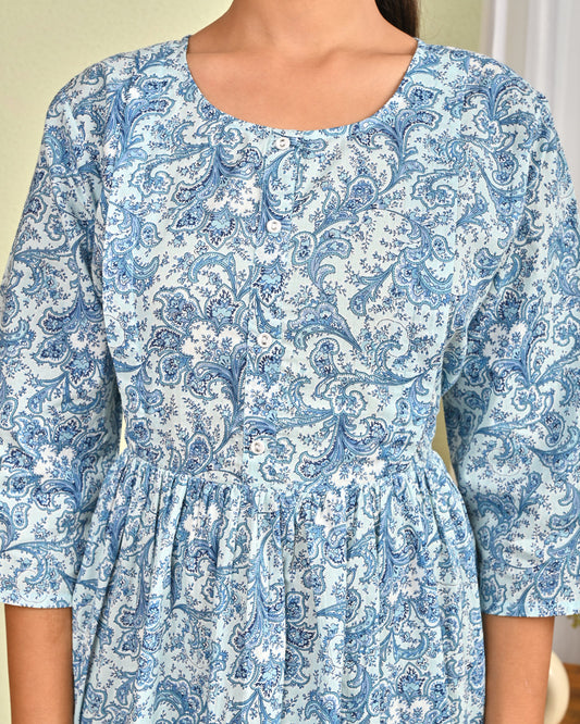 Women Blue Printed Flared Dress | LASVINI - Redefining Indian Fashion with Elegance