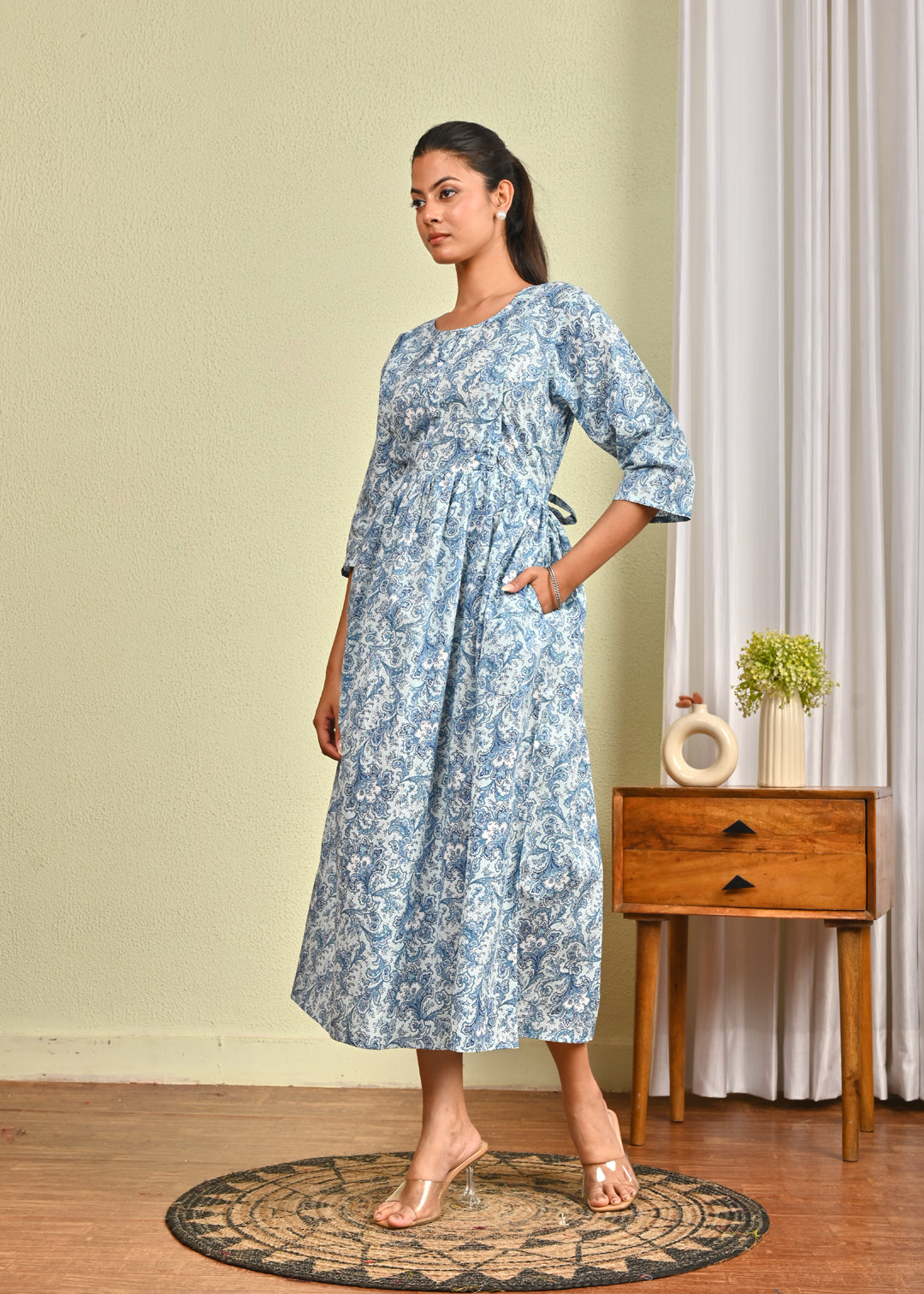 Women Blue Printed Flared Dress | LASVINI - Redefining Indian Fashion with Elegance