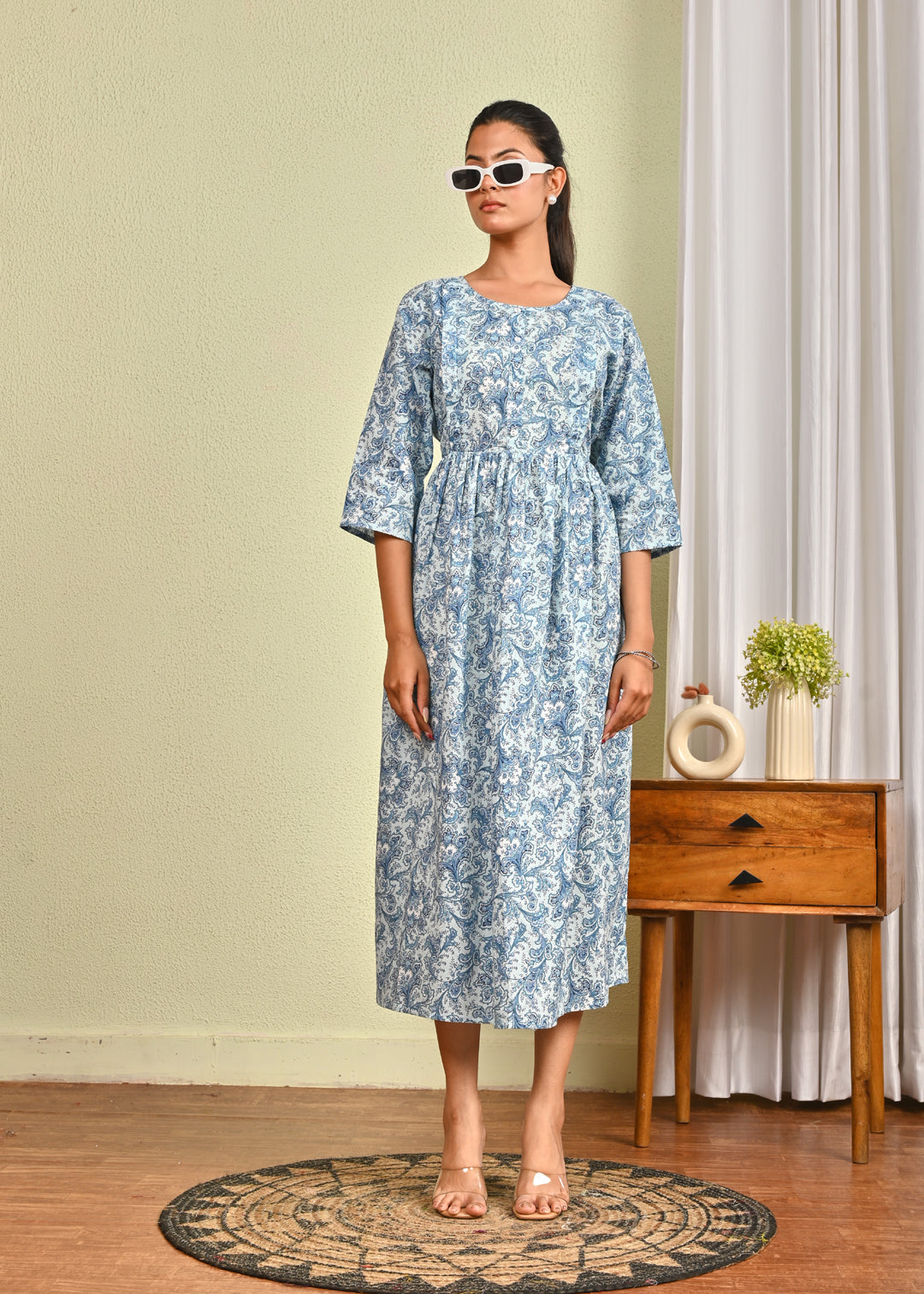 Women Blue Printed Flared Dress | LASVINI - Redefining Indian Fashion with Elegance
