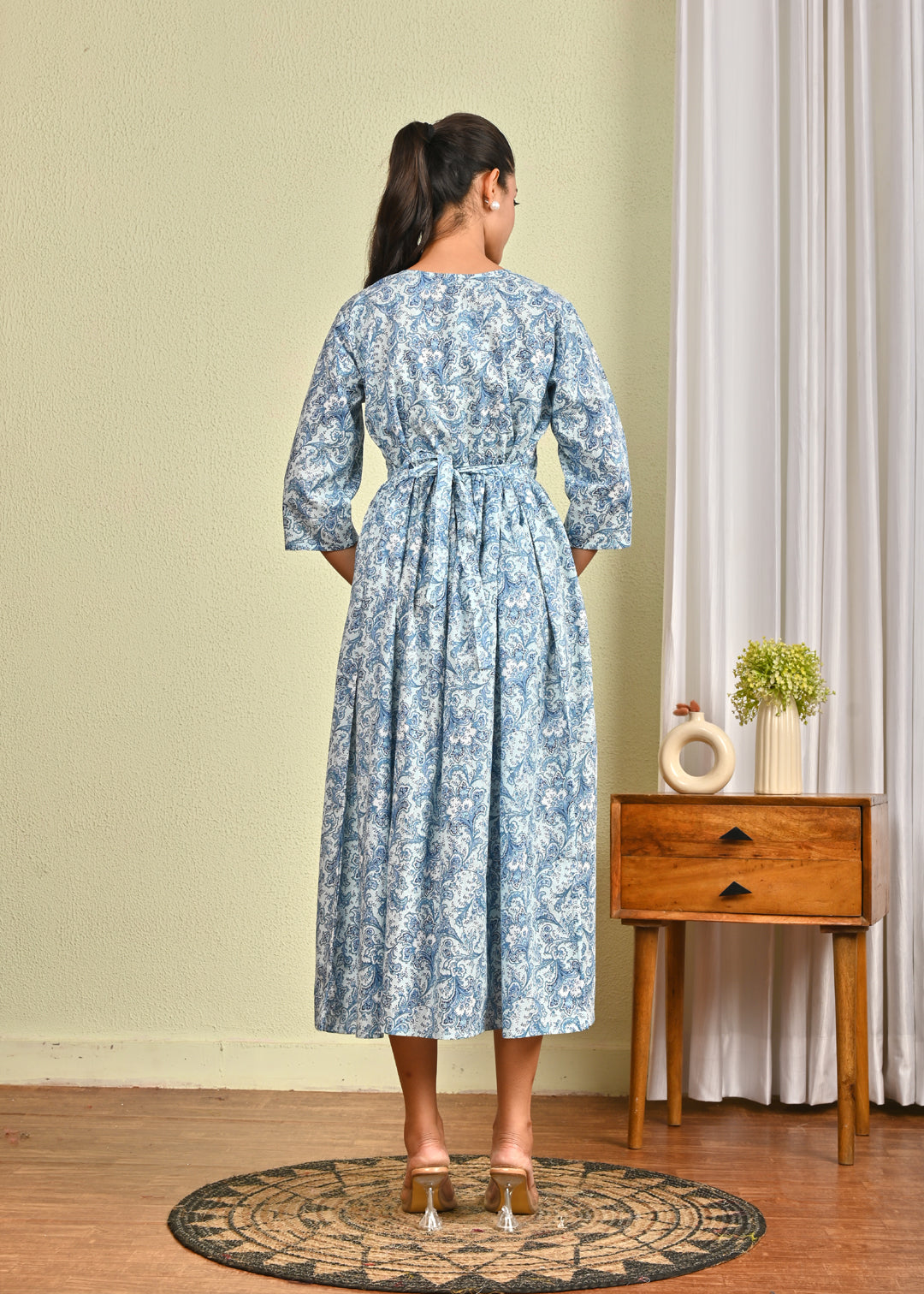 Women Blue Printed Flared Dress | LASVINI - Redefining Indian Fashion with Elegance