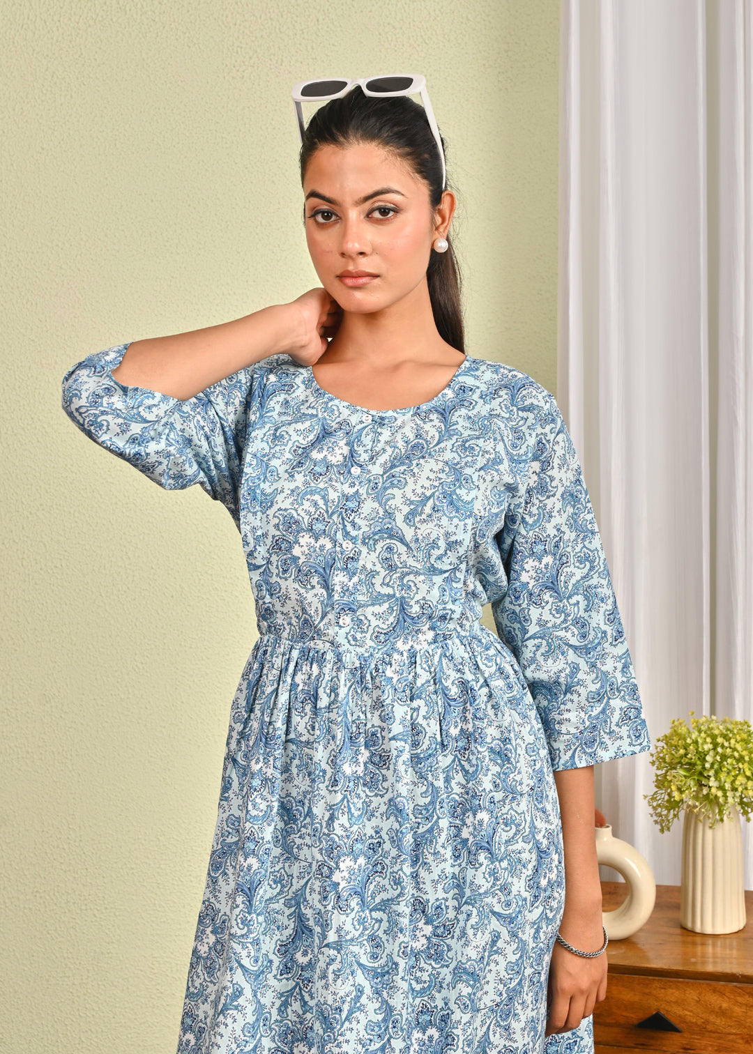 Women Blue Printed Flared Dress | LASVINI - Redefining Indian Fashion with Elegance
