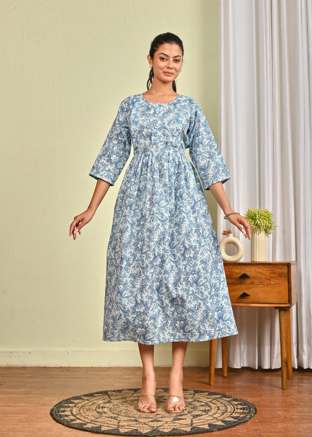 Women Blue Printed Flared Dress | LASVINI - Redefining Indian Fashion with Elegance