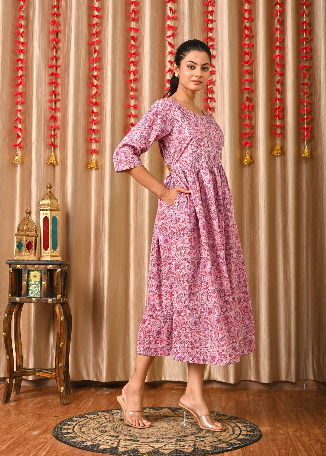 Women Levender Printed Flared Dress | LASVINI - Redefining Indian Fashion with Elegance