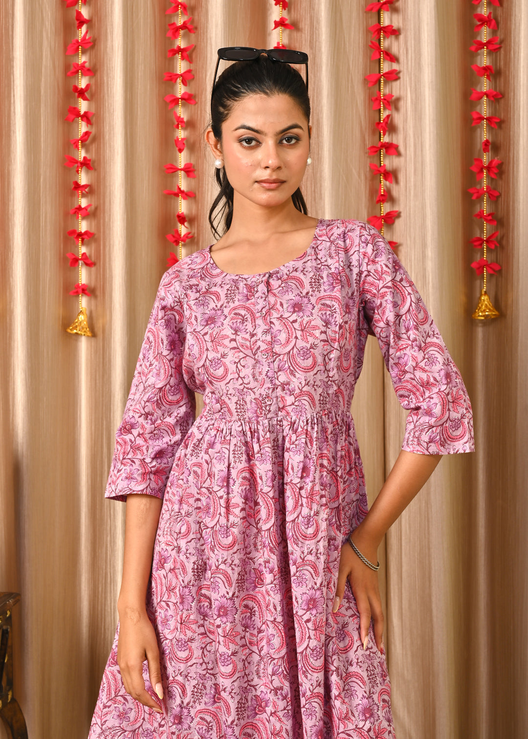 Women Levender Printed Flared Dress | LASVINI - Redefining Indian Fashion with Elegance