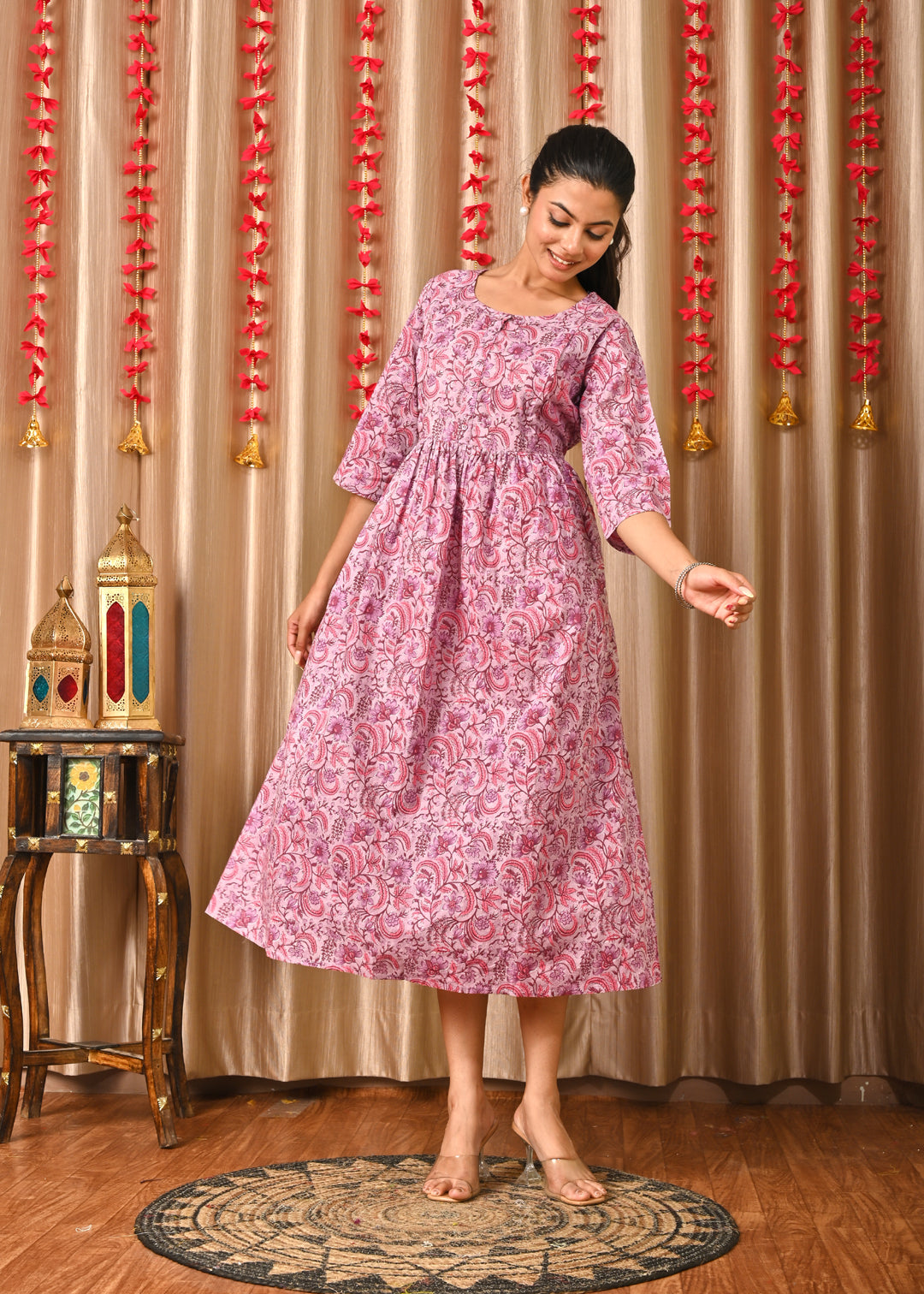 Women Levender Printed Flared Dress | LASVINI - Redefining Indian Fashion with Elegance