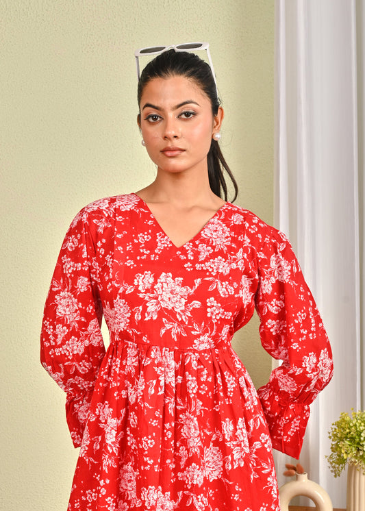 Women Red Printed Flared Dress | LASVINI - Redefining Indian Fashion with Elegance