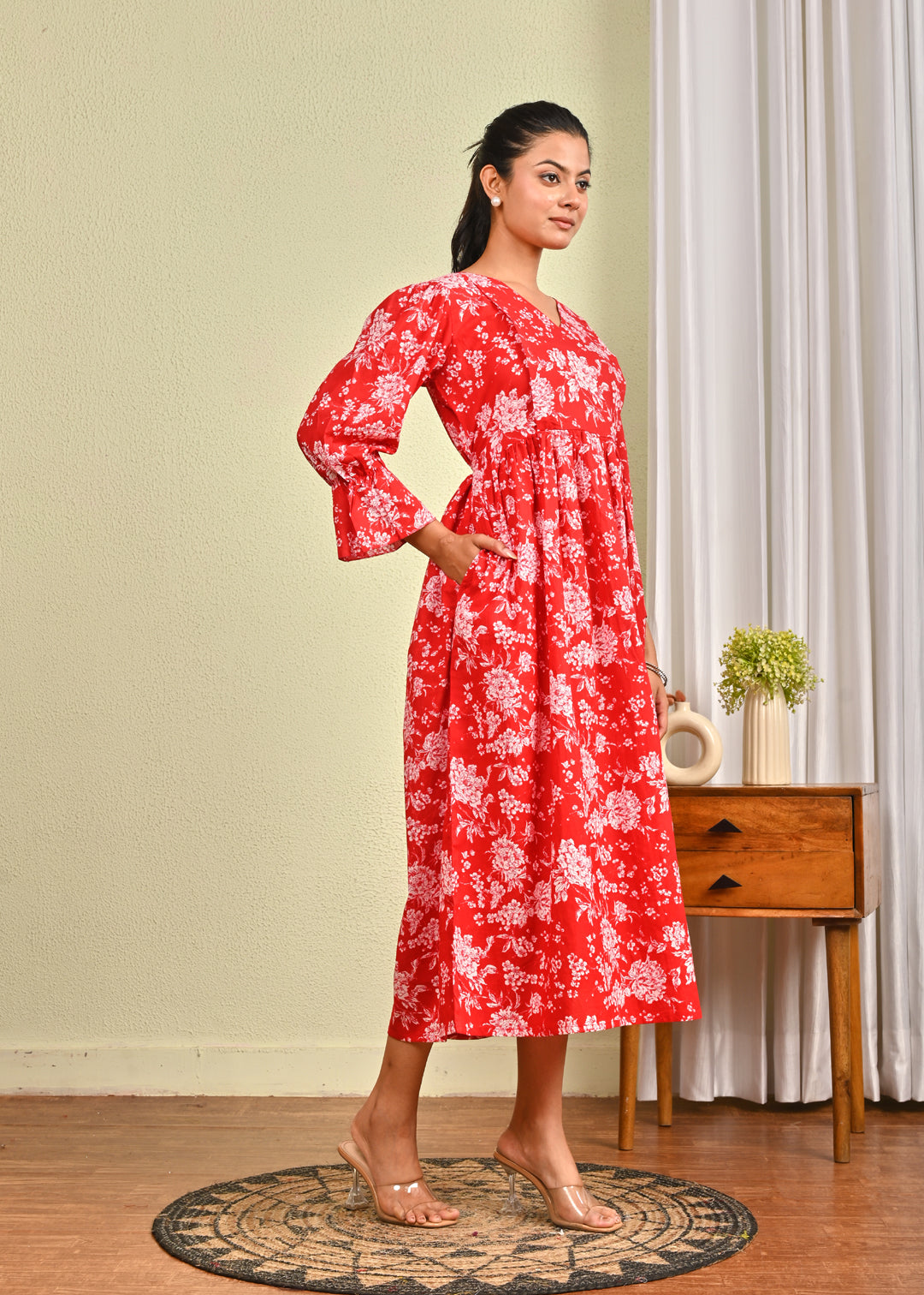 Women Red Printed Flared Dress | LASVINI - Redefining Indian Fashion with Elegance