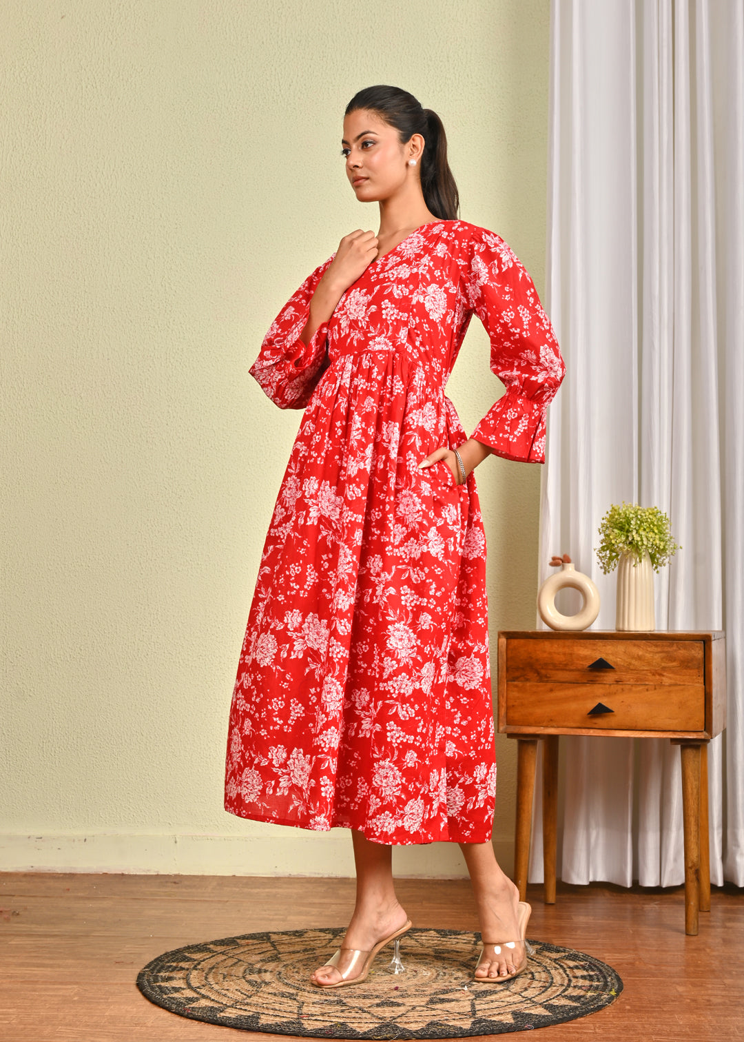 Women Red Printed Flared Dress | LASVINI - Redefining Indian Fashion with Elegance