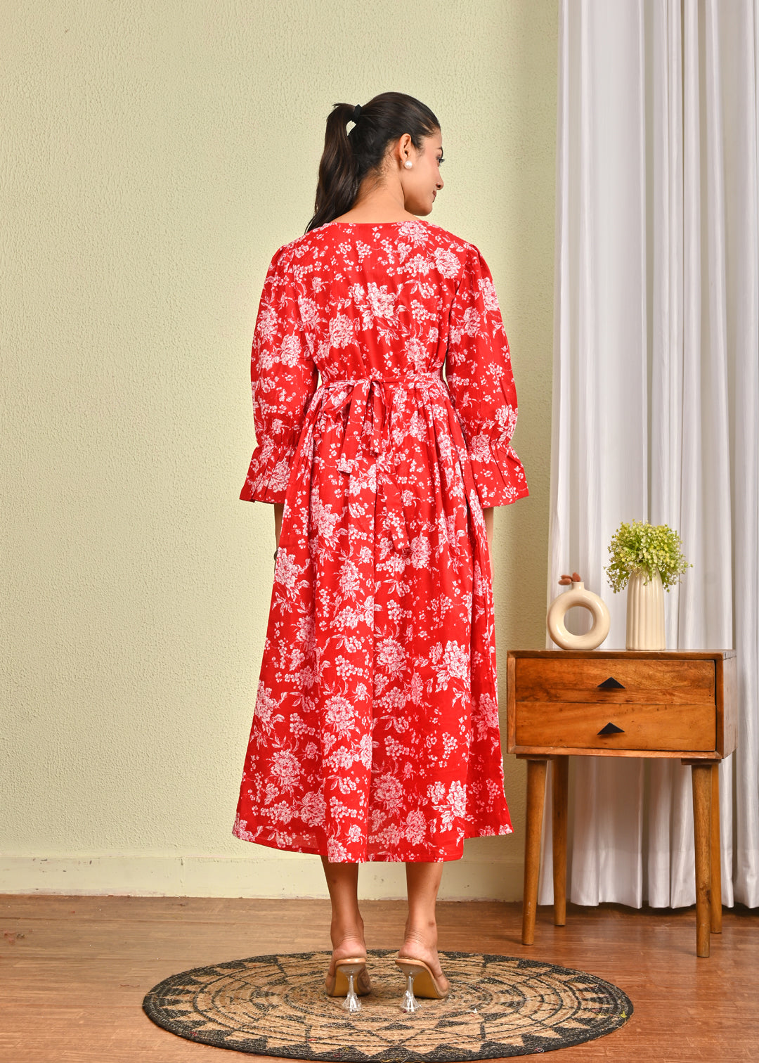 Women Red Printed Flared Dress | LASVINI - Redefining Indian Fashion with Elegance