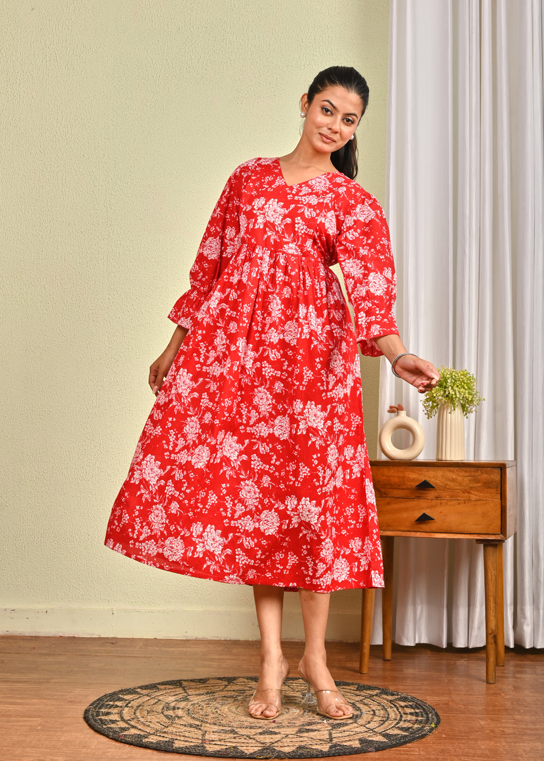 Women Red Printed Flared Dress | LASVINI - Redefining Indian Fashion with Elegance
