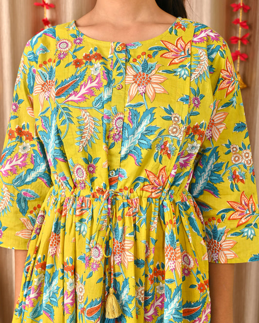 Women Yellow Printed Flared Dress | LASVINI - Redefining Indian Fashion with Elegance