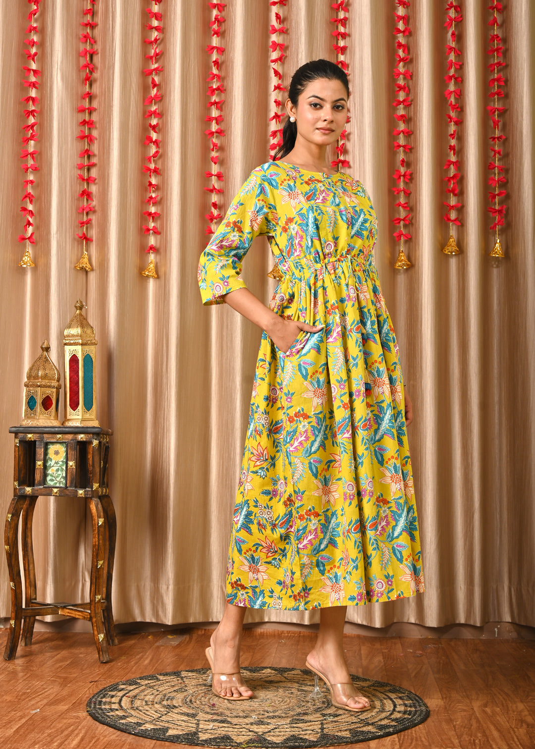 Women Yellow Printed Flared Dress | LASVINI - Redefining Indian Fashion with Elegance